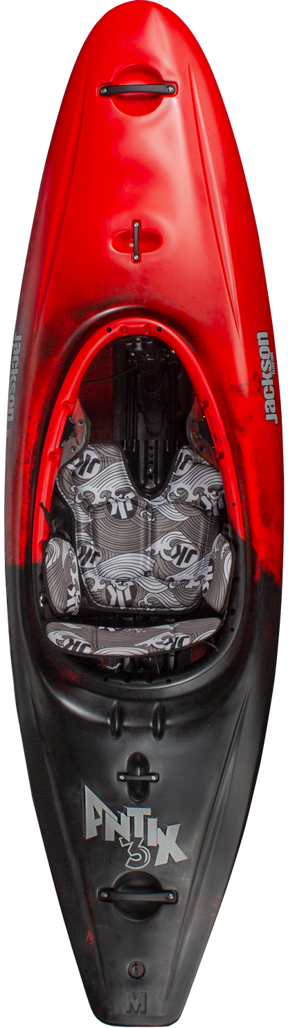 The Jackson Kayak Antix 3.0 in red and black, shown from above, highlights its patterned cockpit and seat—a versatile whitewater kayak designed for top performance.
