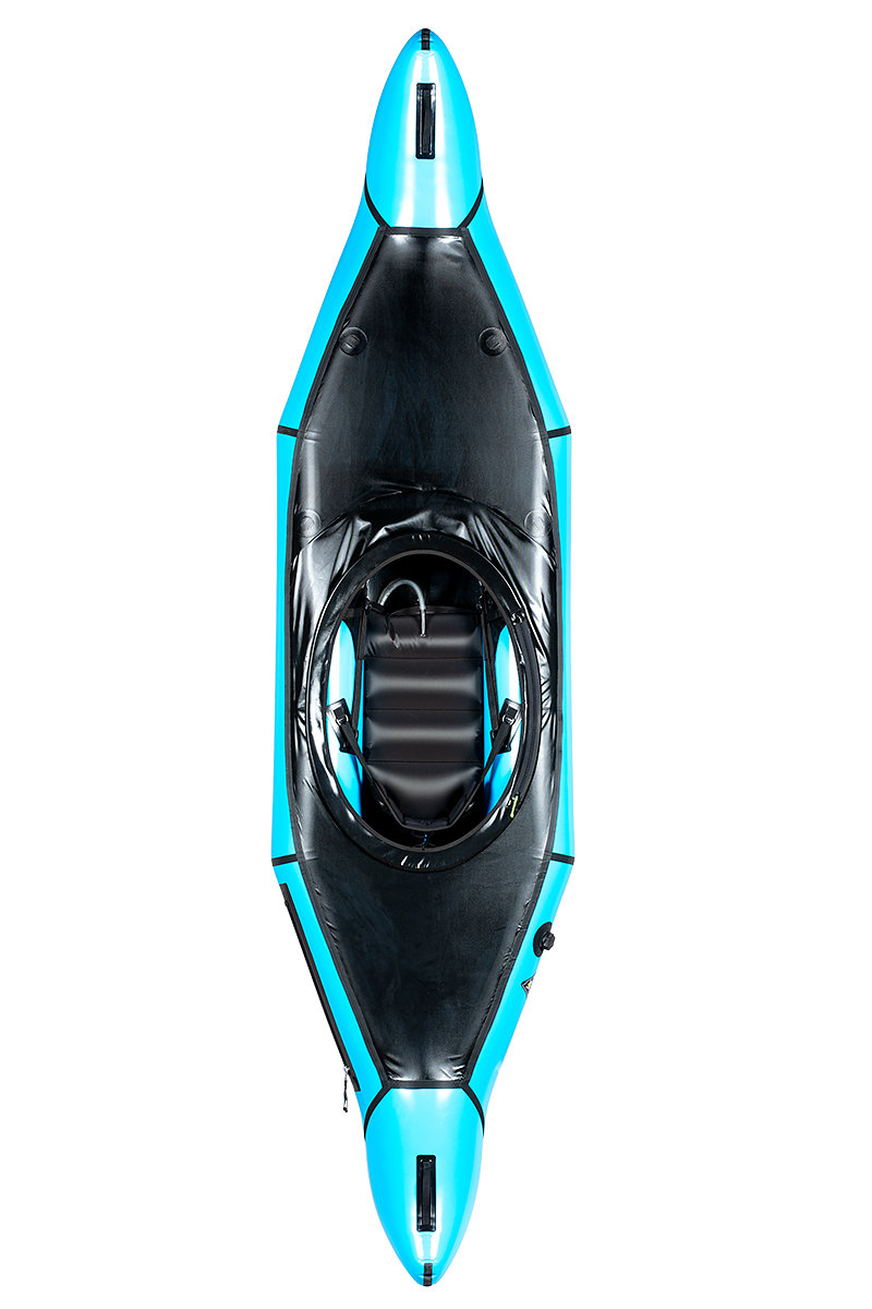 Top-down view of the Alpacka Chinook, a blue and black inflatable kayak with a single seat and covered cockpit, designed for flatwater touring, set against a white background.
