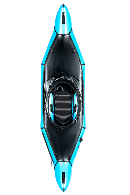Top-down view of the Alpacka Chinook, a blue and black inflatable kayak with a single seat and covered cockpit, designed for flatwater touring, set against a white background.