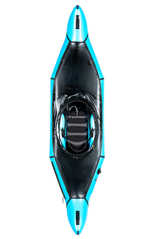 Top-down view of the Alpacka Chinook, a blue and black inflatable kayak with a single seat and covered cockpit, designed for flatwater touring, set against a white background.