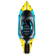Top view of the Alpacka Expedition packraft featuring a black cockpit, blue sides, and yellow accents—this versatile one-person raft is perfect for backcountry adventures.