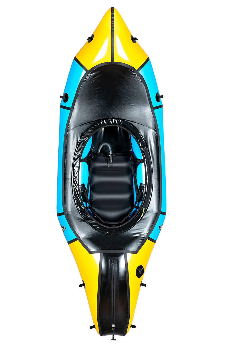 Top view of the Alpacka Expedition packraft featuring a black cockpit, blue sides, and yellow accents—this versatile one-person raft is perfect for backcountry adventures.