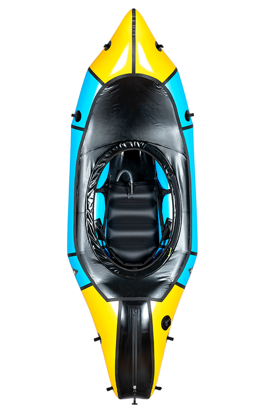 Top view of the Alpacka Expedition packraft featuring a black cockpit, blue sides, and yellow accents—this versatile one-person raft is perfect for backcountry adventures.