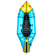 The Alpacka Gnarwhal Self-Bailer, an inflatable blue and yellow kayak with a black seat and paddle, is shown from above on a white background and features a self-bailing floor for whitewater adventures.