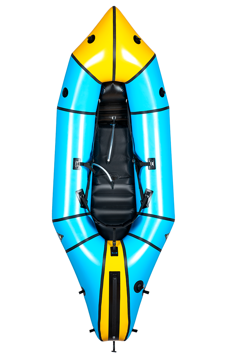 The Alpacka Gnarwhal Self-Bailer, an inflatable blue and yellow kayak with a black seat and paddle, is shown from above on a white background and features a self-bailing floor for whitewater adventures.