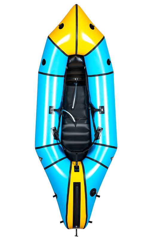The Alpacka Gnarwhal Self-Bailer, an inflatable blue and yellow kayak with a black seat and paddle, is shown from above on a white background and features a self-bailing floor for whitewater adventures.