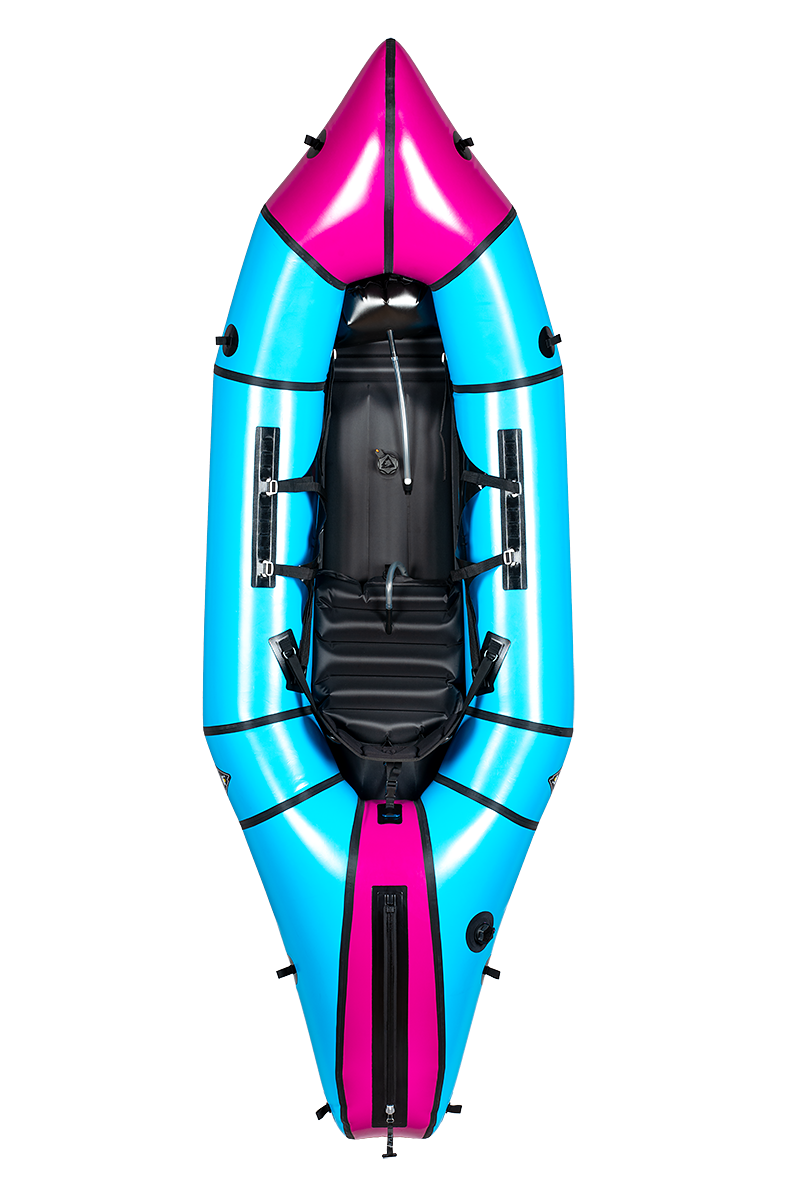 The Alpacka Mage inflatable kayak in blue and pink features a black seat and footrest, shown from above on a white background—perfect for advanced paddlers needing reliable whitewater performance.