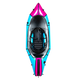 Top view of the Alpacka Mage, a blue and magenta single-person whitewater packraft for advanced paddlers, with a black seat and zippered front storage compartment.