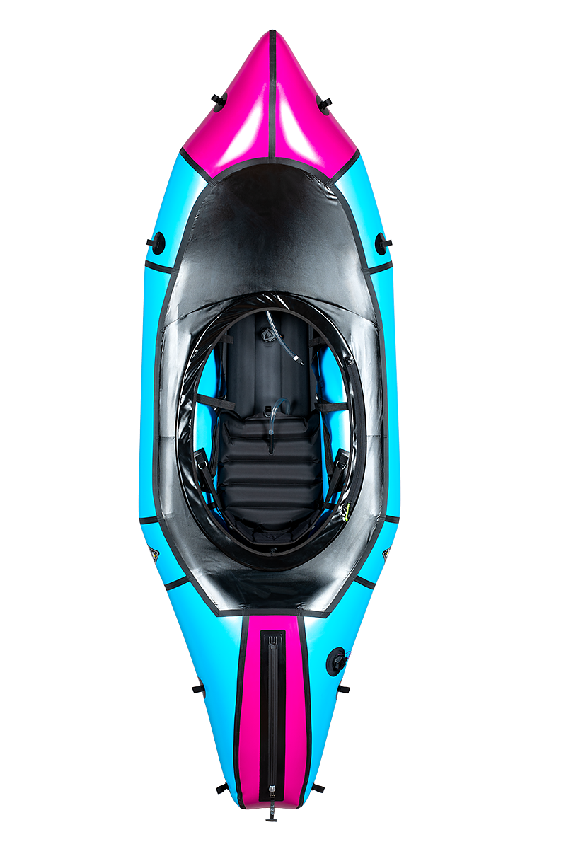 Top view of the Alpacka Mage, a blue and magenta single-person whitewater packraft for advanced paddlers, with a black seat and zippered front storage compartment.