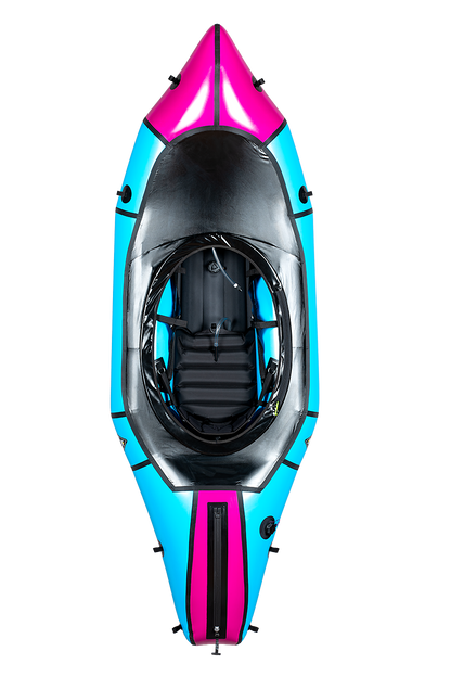 Top view of the Alpacka Mage, a blue and magenta single-person whitewater packraft for advanced paddlers, with a black seat and zippered front storage compartment.