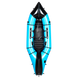 Top view of the Alpacka Mage, a blue and black inflatable kayak for advanced paddlers, with a black seat, footrest, and multiple attachment points—perfect for enhanced whitewater performance on your next adventure.