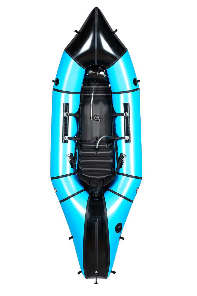 Top view of the Alpacka Mage, a blue and black inflatable kayak for advanced paddlers, with a black seat, footrest, and multiple attachment points—perfect for enhanced whitewater performance on your next adventure.