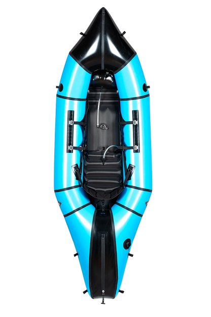 Top view of the Alpacka Mage, a blue and black inflatable kayak for advanced paddlers, with a black seat, footrest, and multiple attachment points—perfect for enhanced whitewater performance on your next adventure.