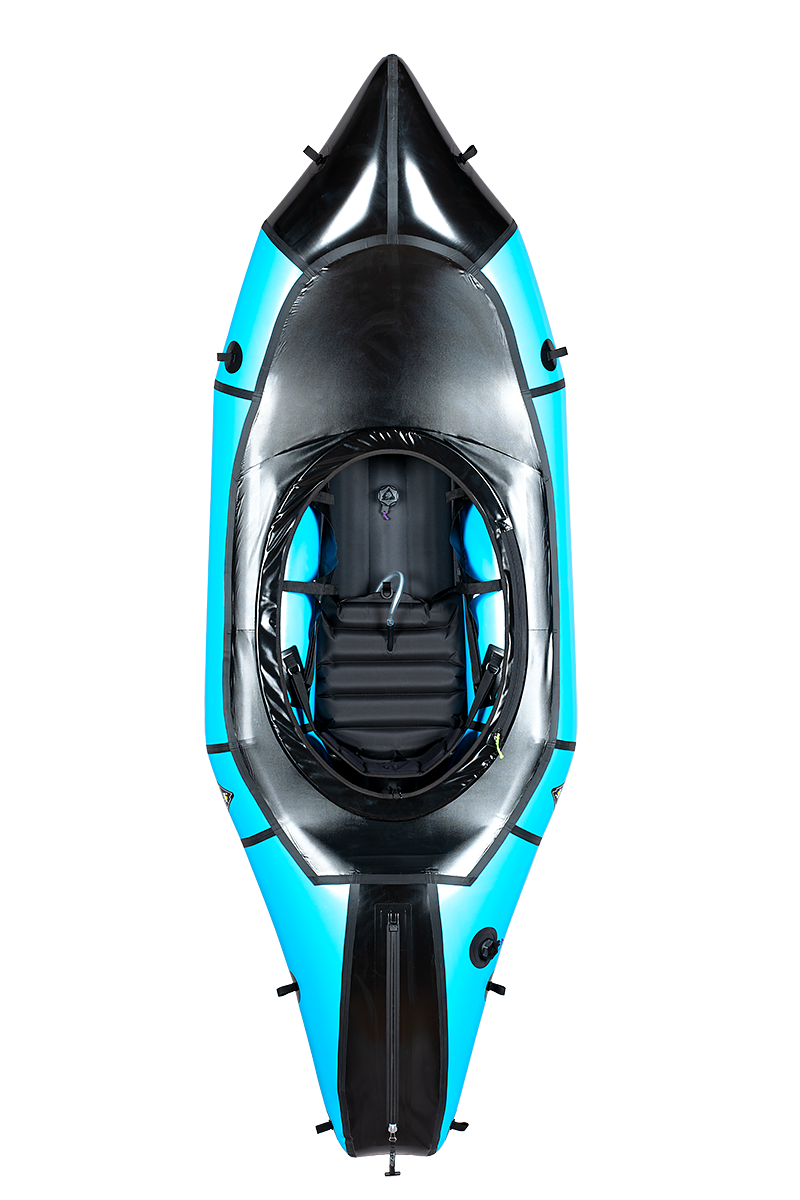 Top view of the Alpacka Mage, a blue and black inflatable kayak for advanced paddlers, with a single cockpit and front zippered storage—ideal for whitewater performance.