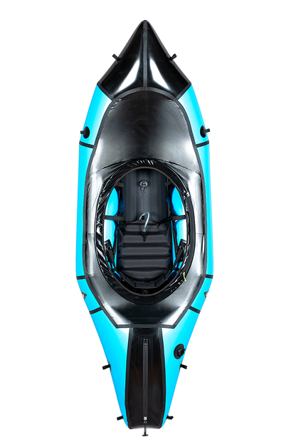 Top view of the Alpacka Mage, a blue and black inflatable kayak for advanced paddlers, with a single cockpit and front zippered storage—ideal for whitewater performance.
