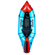 The Alpacka Mage is a red and blue inflatable kayak with black accents, designed for packrafters. Viewed from above, it showcases a single seat and oar holders, crafted to enhance whitewater performance.