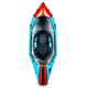 Aerial view of the Alpacka Mage inflatable kayak in blue and red, featuring a black seat and cockpit designed for whitewater performance, isolated on a white background.