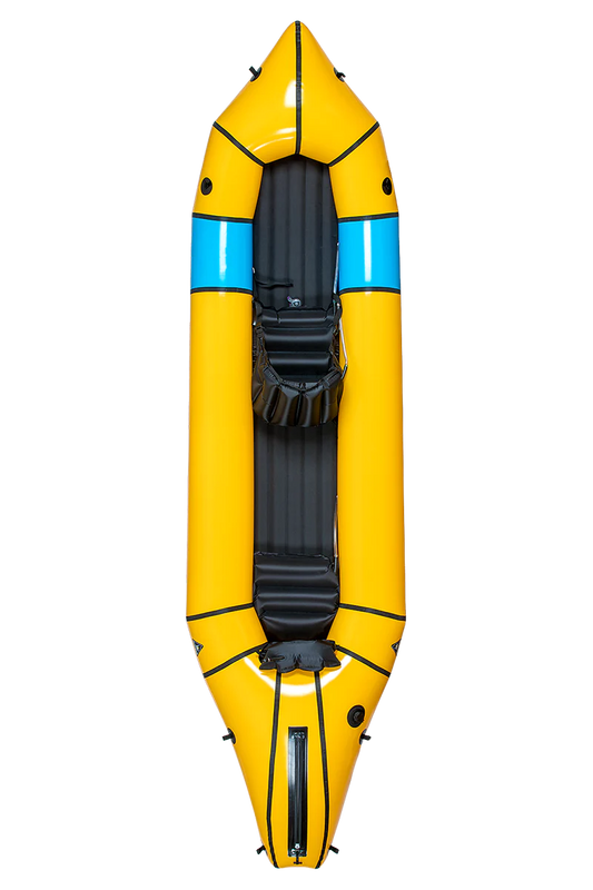 A yellow Alpacka Tango Tandem packraft.