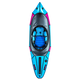 Top view of a sleek Alpacka Valkyrie V3 packraft in blue and black, with a visible seat and footrest, set against a motion-blurred striped background.