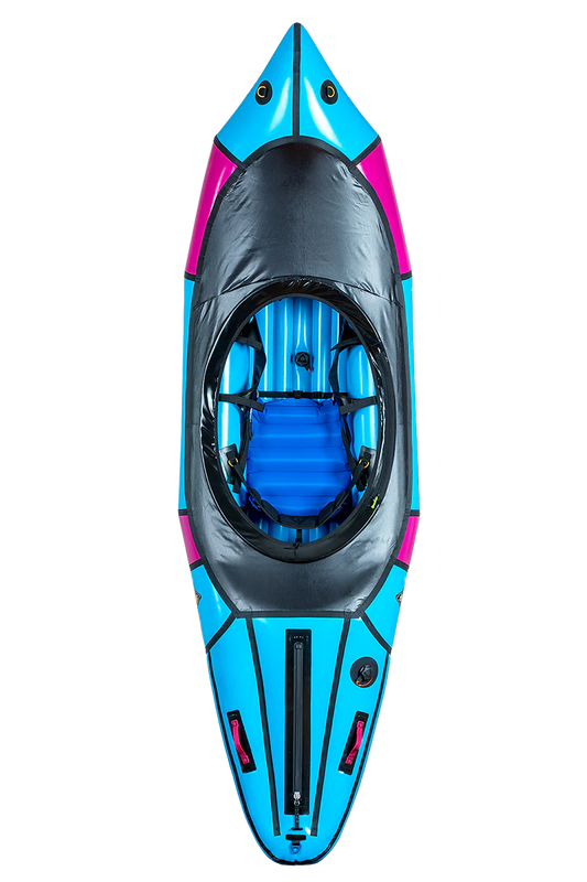 Top view of a sleek Alpacka Valkyrie V3 packraft in blue and black, with a visible seat and footrest, set against a motion-blurred striped background.
