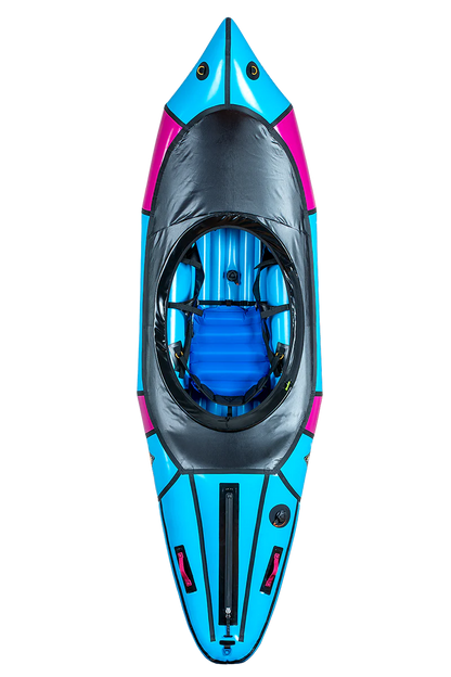 Top view of a sleek Alpacka Valkyrie V3 packraft in blue and black, with a visible seat and footrest, set against a motion-blurred striped background.