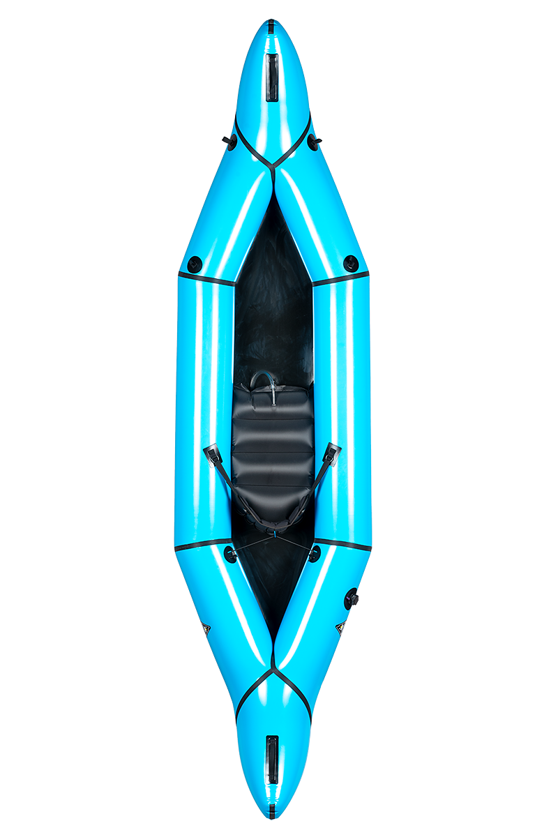 A top-down view of the Alpacka Zephyr, a blue inflatable touring packraft with a single seat and black attachments, displayed against a plain white background.