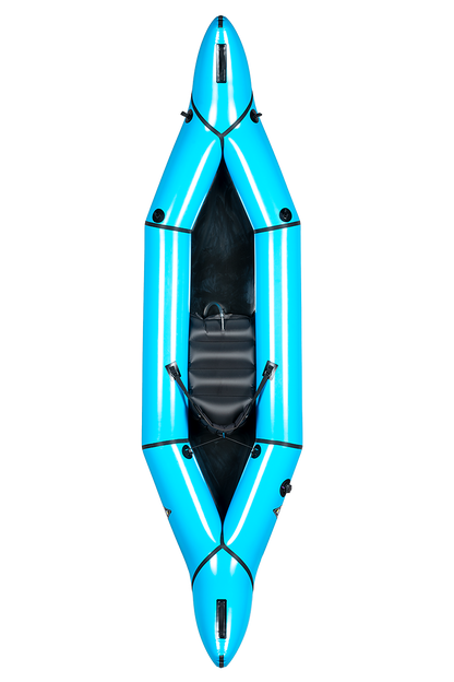 A top-down view of the Alpacka Zephyr, a blue inflatable touring packraft with a single seat and black attachments, displayed against a plain white background.