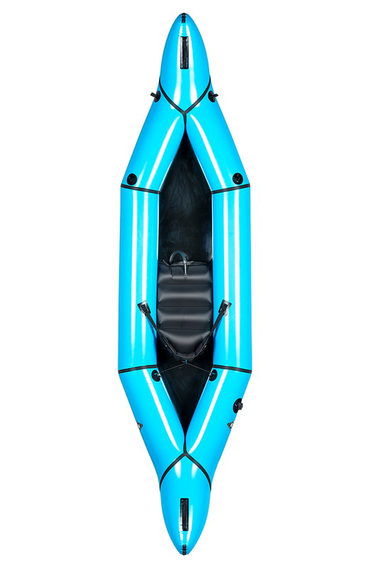 A top-down view of the Alpacka Zephyr, a blue inflatable touring packraft with a single seat and black attachments, displayed against a plain white background.