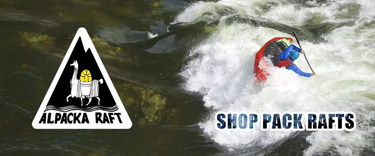 Alpacka Pack Rafts for sale shown with packrafter going through a wave