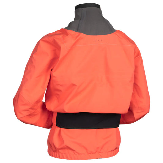 An Immersion Research Aphrodite Dry Top - Women's made from recycled polyester, featuring a high-neck grey collar and a black waistband, viewed from the back.