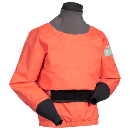 Bright orange waterproof breathable jacket with black neoprene neck and wrist seals, designed for water sports. The Aphrodite Dry Top - Women's from Immersion Research is made of recycled polyester. The chest features a small light blue logo on the right side, and the lower part has a black waistband.