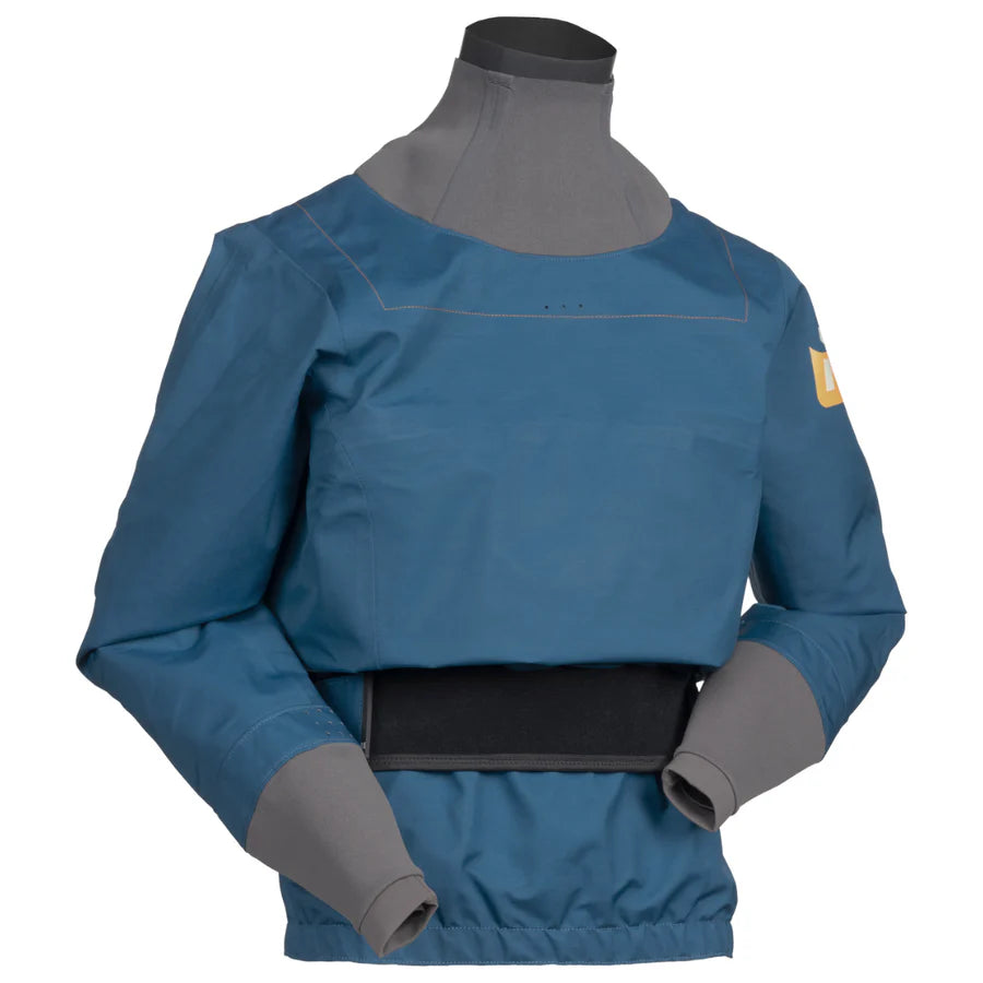 A blue Immersion Research Aphrodite Dry Top - Women's equipped with a black waistband, designed for kayaking and water sports, featuring gray cuffs and neck seal for waterproof protection. Made from waterproof breathable recycled polyester, this top ensures durability and comfort.