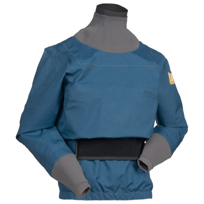 A blue Immersion Research Aphrodite Dry Top - Women's equipped with a black waistband, designed for kayaking and water sports, featuring gray cuffs and neck seal for waterproof protection. Made from waterproof breathable recycled polyester, this top ensures durability and comfort.