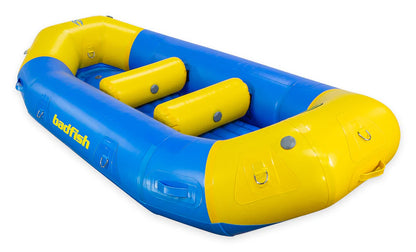 The Ark 10'6 by Badfish is a blue and yellow inflatable river raft with two yellow seats, made from commercial-grade PVC, and features "badfish" branding on the side.