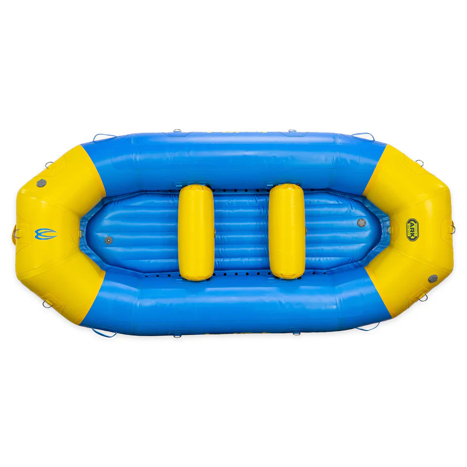 The Badfish Ark 10'6 is a blue and yellow commercial-grade PVC inflatable raft with two seats, perfect for water activities like rafting; ideal for thrilling adventures down the Colorado River.