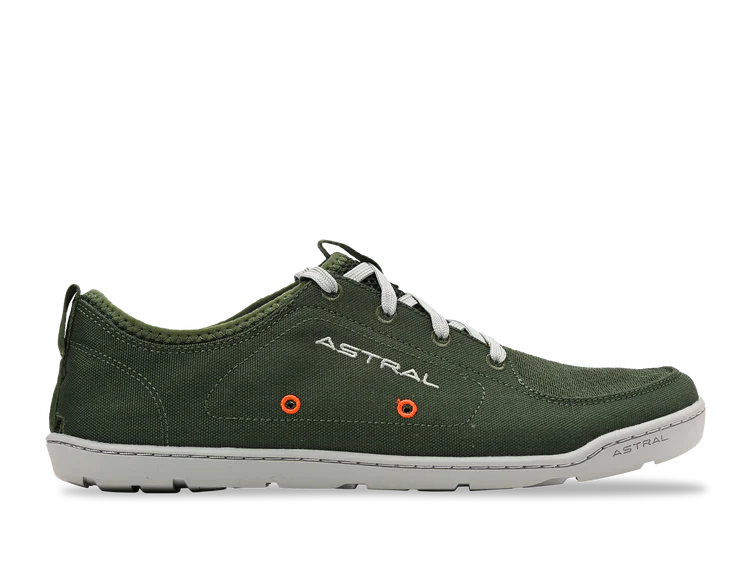 These green shoes with orange soles are perfect for outdoor activities. The Astral Loyak Men's Water Shoe offers great durability and grip for all your adventures.