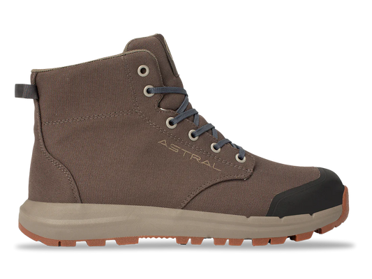 The Astral Pisgah is a brown high-top, lightweight all-weather boot with blue laces, a sturdy beige sole, and reinforced black toe cap for trail performance. Shown in side profile on a plain white background.