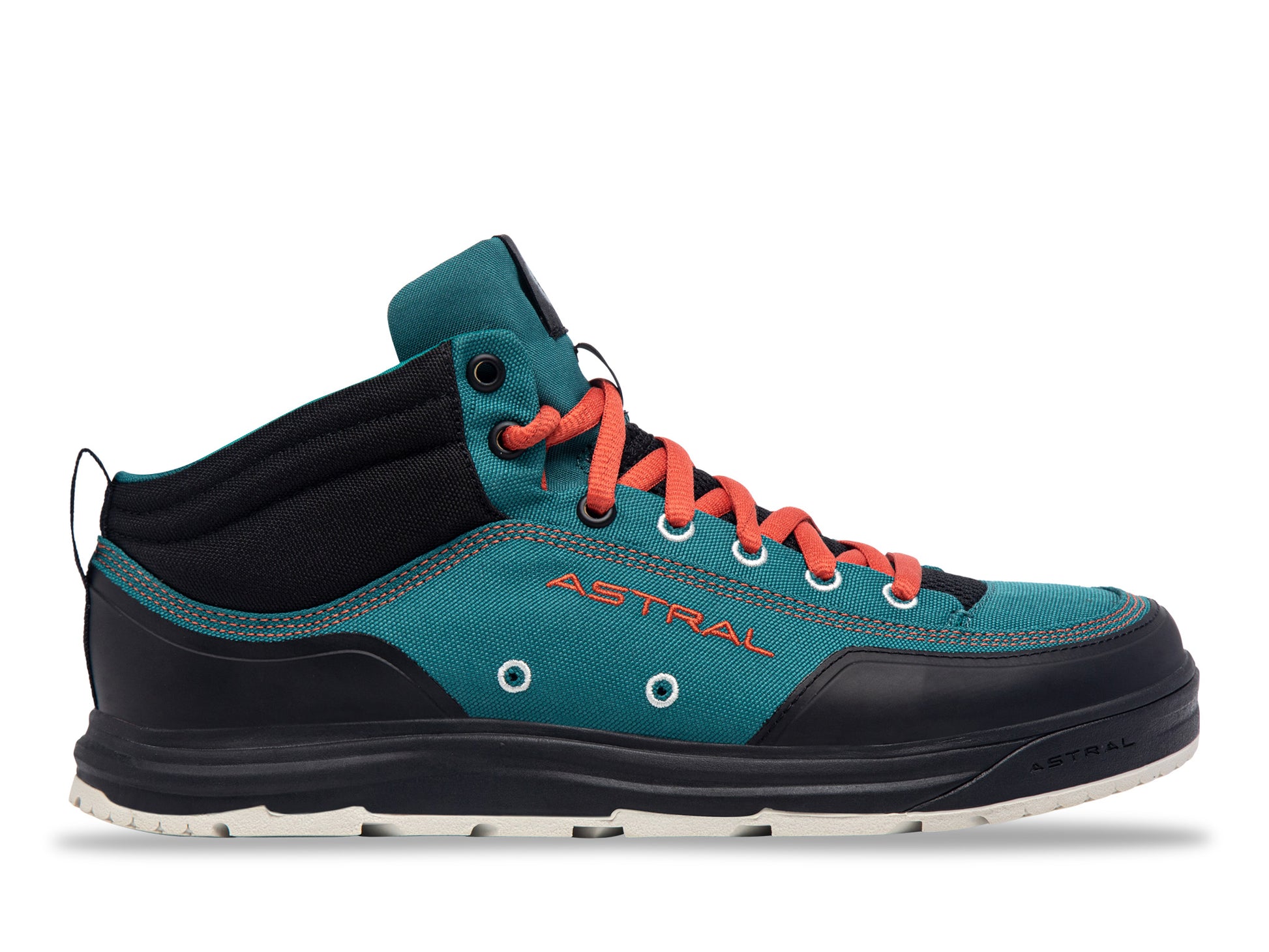 A teal and black mid-top sneaker with red laces, an athletic design, and the brand name "Astral" on the side. The Rassler 2.0 features ankle support and a white and black sole to ensure maximum traction.
