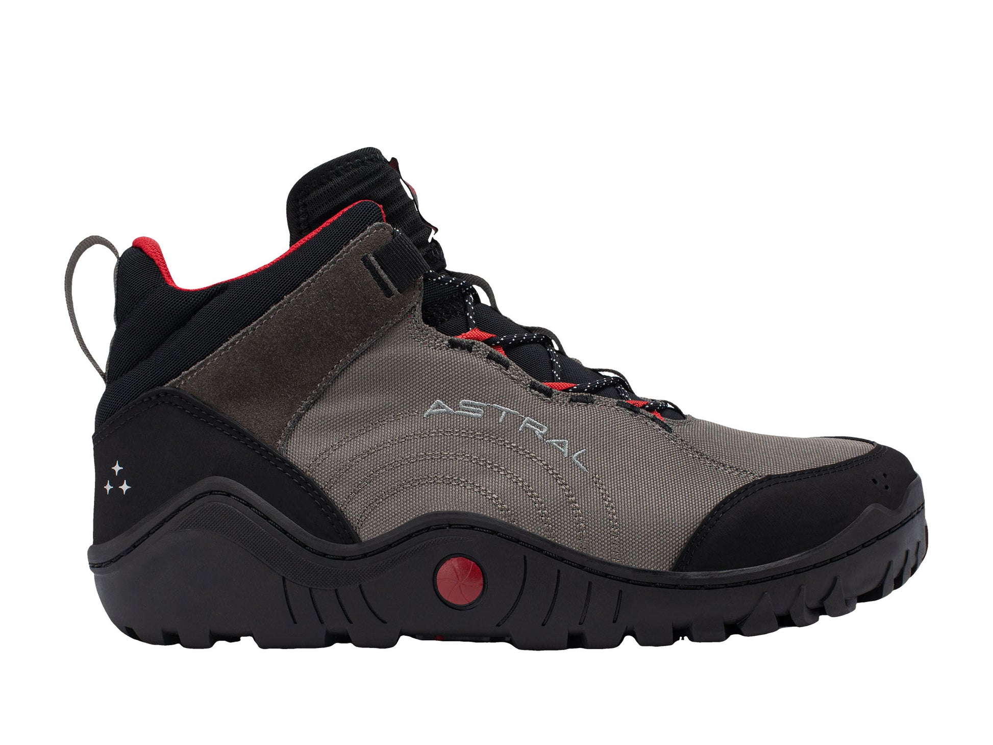 The Astral Pusha is a gray and black outdoor hiking shoe with red accents, black laces, a rugged sole, and amphibious design for canyoneering. "Astral" branding appears on the side with a small star pattern near the heel.