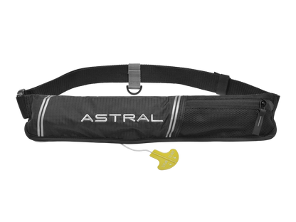 The Astral AirBelt 2.0 Inflatable PFD is a black waist pack adorned with the "Astral" logo, featuring a zippered compartment and a yellow pull tab, designed for flatwater SUPing adventures.