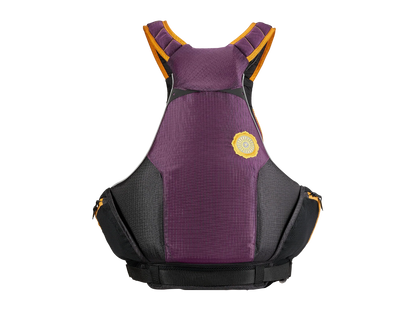 An Astral Bowen PFD with yellow and orange accents featuring on-jacket storage.