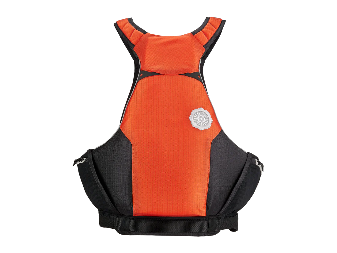 The orange and black Bowen PFD life jacket with on-jacket storage by Astral.