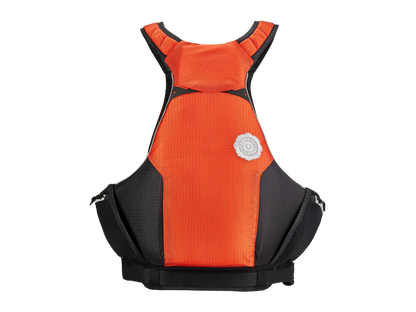 The orange and black Bowen PFD life jacket with on-jacket storage by Astral.