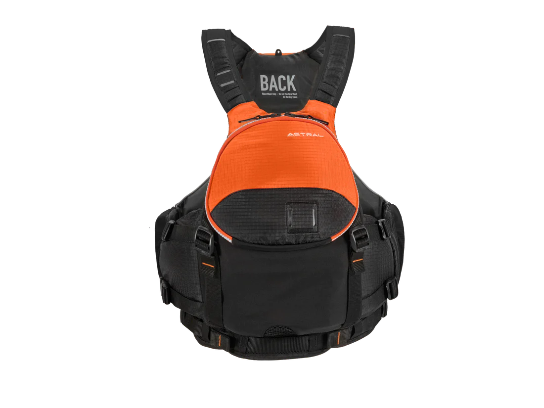 A Bowen PFD backpack with an orange and black design, perfect for on-the-go mobility and providing ample storage for personal items. (Brand Name: Astral)