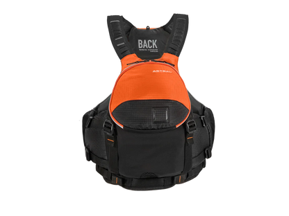 A Bowen PFD backpack with an orange and black design, perfect for on-the-go mobility and providing ample storage for personal items. (Brand Name: Astral)