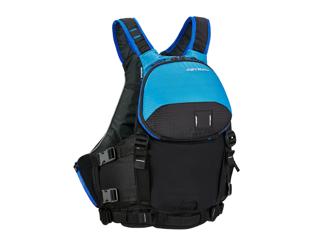 A blue and black Bowen PFD with on-jacket storage by Astral.