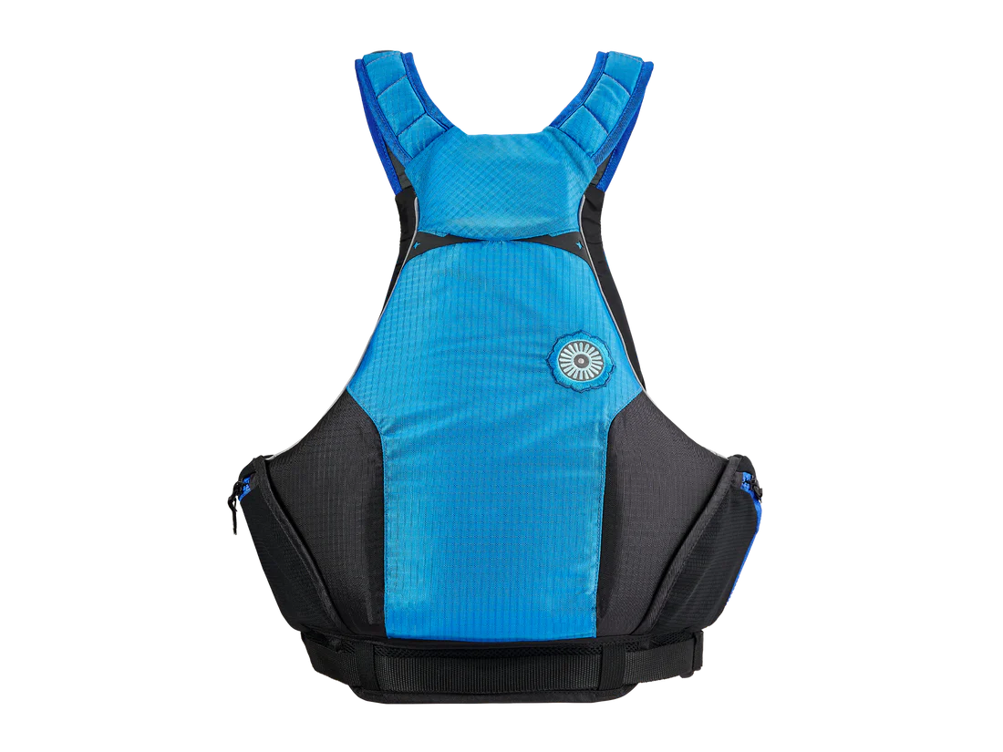 A blue and black backpack with on-jacket storage for Bowen PFD mobility by Astral.