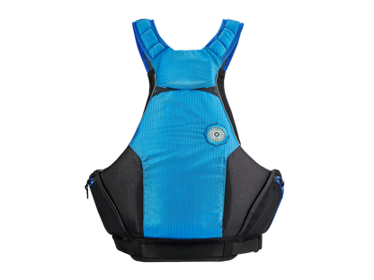 A blue and black backpack with on-jacket storage for Bowen PFD mobility by Astral.
