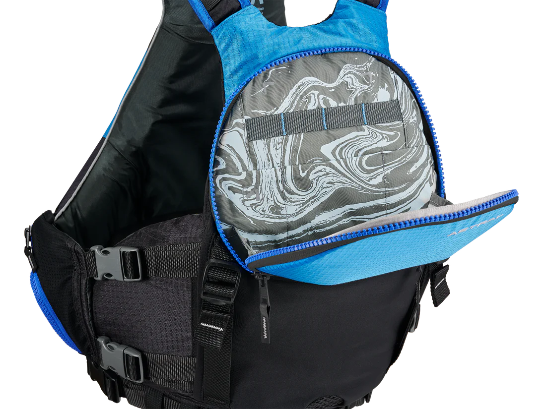 A blue and black Astral Bowen PFD with on-jacket storage.
