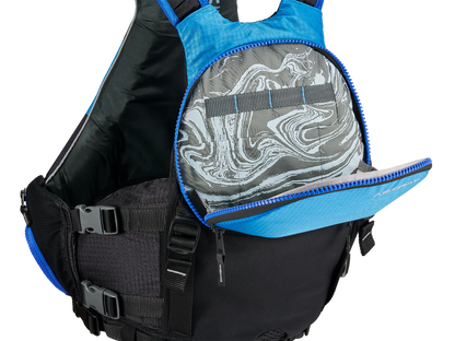 A blue and black Astral Bowen PFD with on-jacket storage.